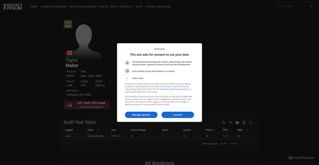 Security scan screenshot of https://hockeypipeline.com/player/taylor_makar_2019