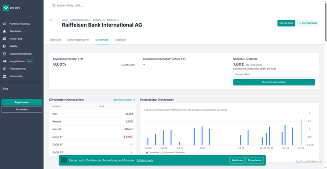 Security scan screenshot of https://app-dev.parqet.com/aktien/raiffeisen-bank-international-ag-AT0000606306/dividenden