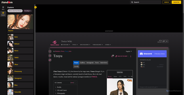 Security scan screenshot of https://twice.fandom.com/wiki/Tzuyu