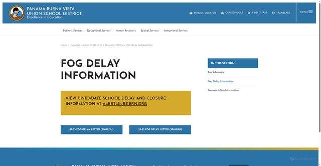 Security scan screenshot of https://www.pbvusd.k12.ca.us/departments/business-services/transportation/fog-delay-information