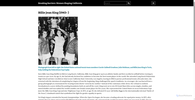 Security scan screenshot of https://exhibits.sos.ca.gov/s/breaking-barriers-women-shaping-california/page/billie-jean-king