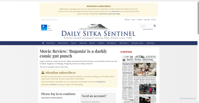 Security scan screenshot of https://sitkasentinel.com/stories/movie-review-bugonia-is-a-darkly-comic-gut-punch,84564