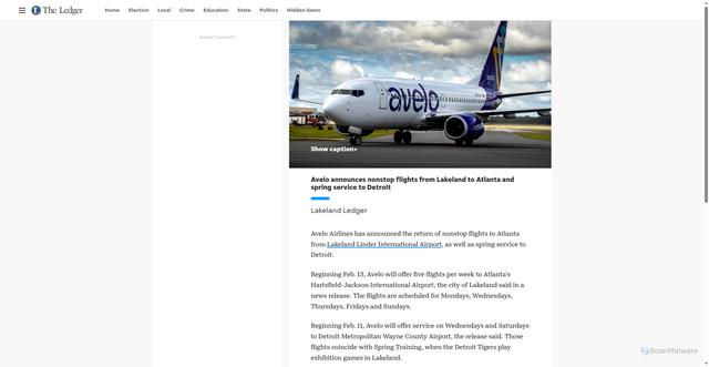 Security scan screenshot of https://www.theledger.com/story/news/local/2025/11/12/avelo-airlines-announces-nonstop-flights-from-lakeland-florida-to-atlanta-and-detroit/87231322007/