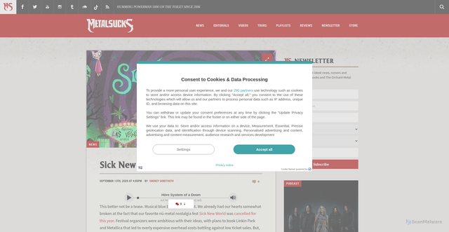 Security scan screenshot of https://www.metalsucks.net/2025/09/13/sick-new-world-might-return-in-2026/