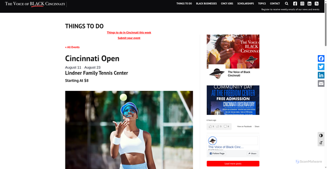 Security scan screenshot of https://thevoiceofblackcincinnati.com/event/cincinnati-open-tennis-tournament/