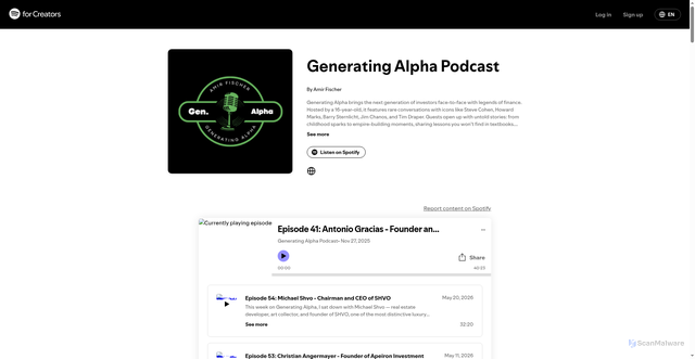 Security scan screenshot of https://podcasters.spotify.com/pod/show/generatingalphapodcast/episodes/Episode-41-Antonio-Gracias---Founder-and-CEO-of-Valor-Equity-Partners-e3bi9gh