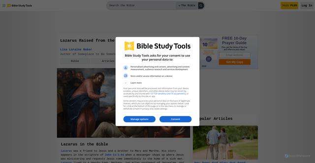 Security scan screenshot of https://www.biblestudytools.com/bible-stories/lazarus-raised-from-the-dead-bible-story.html