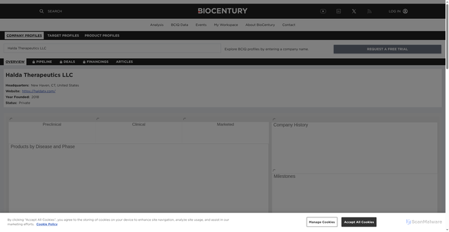 Security scan screenshot of https://profiles.biocentury.com/companies/halda_therapeutics_llc