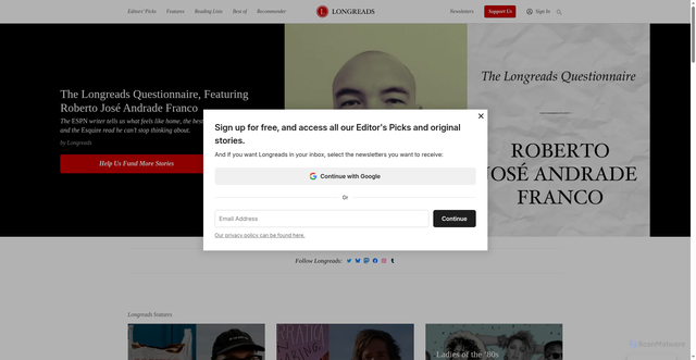Security scan screenshot of https://longreads.com
