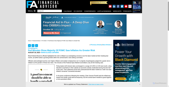 Security scan screenshot of https://www.fa-mag.com/news/fed-minutes-show-majority-of-fomc-saw-inflation-as-greater-risk-83746.html