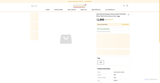 Security scan screenshot of https://kunjkreationsstudio.com/Hand-Etched-Designer-Divine-Pooja-Thali-With-Mirror-Work-And/catalogue/GQS64V5-/Jbc2MUjk