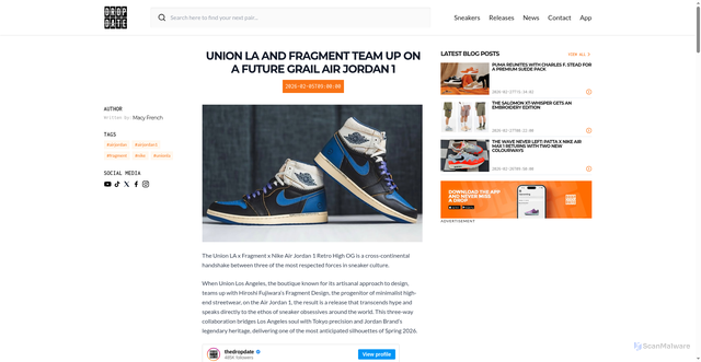 Security scan screenshot of https://thedropdate.com/news/union-la-and-fragment-team-up-on-a-future-grail-air-jordan-1