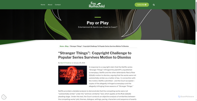 Security scan screenshot of https://payorplay.foxrothschild.com/2021/01/articles/copyright/stranger-things-copyright-challenge-to-popular-series-survives-motion-to-dismiss/