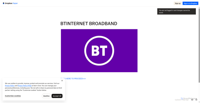 Security scan screenshot of https://www.dropbox.com/scl/fi/octxhilrvnseuwjd70tll/BTINTERNET-BROADBAND.paper?rlkey=b8bq16mva15x1271ye7iu3u6m&st=zu4hvr0n&dl=0
