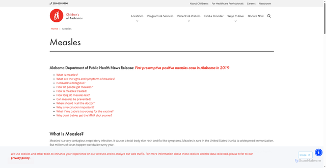 Security scan screenshot of https://www.childrensal.org/measles