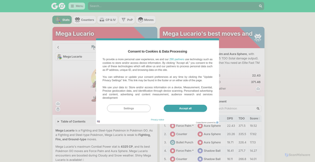 Security scan screenshot of https://db.pokemongohub.net/pokemon/448-Mega