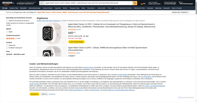 Security scan screenshot of https://www.amazon.de/s/?ie=UTF8&url=search-alias=aps&field-keywords=Apple+Watch+Series+5+(GPS+++Cellular,+44MM)+-+Gold+Aluminum+Case+with+Pink+Sand+Sport+Band+(Renewed)&linkCode=gg3&linkId=2e96f1a6bf3f0e8c172bda7979de876f&tag=saidhalimi-20