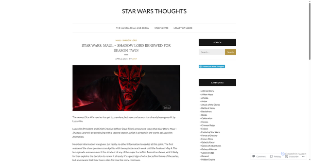 Security scan screenshot of https://starwarsthoughts.com/2026/04/02/star-wars-maul-shadow-lord-renewed-for-season-two/