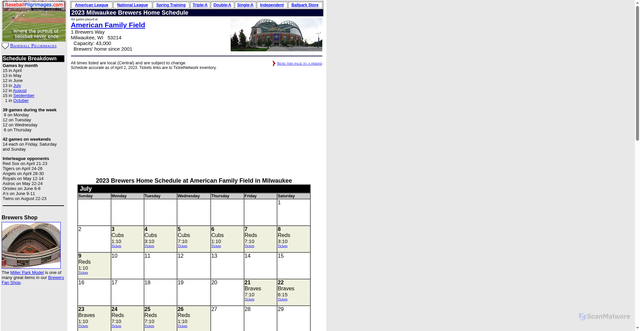 Security scan screenshot of https://www.baseballpilgrimages.com/schedule/milwaukee.html