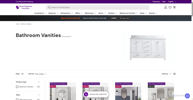 Security scan screenshot of https://homeeleganceusa.com/collections/bathroom-vanities?srsltid=AU7gw4Ug78OnHUjAodOml8ue3A1KQmtkpGa_hI1k8qKUEmQHGrkT6CkJ