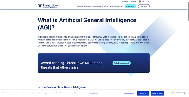 Security scan screenshot of https://www.threatdown.com/glossary/what-is-artificial-general-intelligence-agi/