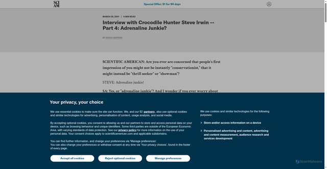 Security scan screenshot of https://www.scientificamerican.com/article/interview-with-crocodile-hunter-steve-irwin-part-4-adrena-2001-03-26/