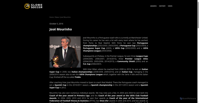Security scan screenshot of https://www.globesoccer.com/news/jose-mourinho/
