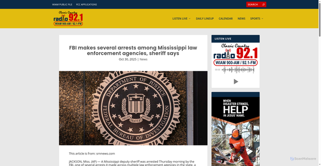 Security scan screenshot of https://radio900.net/fbi-makes-several-arrests-among-mississippi-law-enforcement-agencies-sheriff-says/
