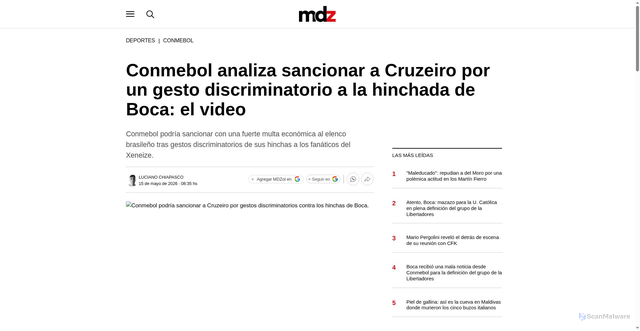 Security scan screenshot of https://www.mdzol.com/deportes/conmebol-analiza-sancionar-cruzeiro-un-gesto-discriminatorio-la-hinchada-boca-el-video-n1520970