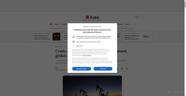 Security scan screenshot of https://auto.economictimes.indiatimes.com/news/oil-and-lubes/crude-oil-futures-surge-by-25-amid-strong-demand-and-positive-global-markets/132510565