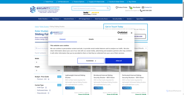 Security scan screenshot of https://securitydirectuk.com/roller-shutters/sliding-folding-shutters/