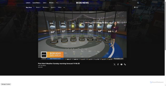 Security scan screenshot of https://test-mobile-feeds.cbsnews.com/sanfrancisco/video/first-alert-weather-sunday-morning-forecast-11-16-25/