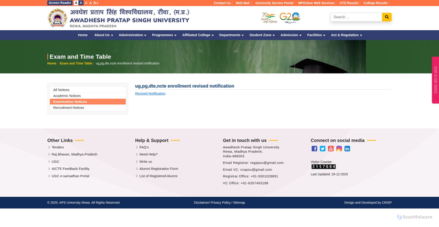 Security scan screenshot of https://www.apsurewa.ac.in/en/exam/ug-pg-dte-ncte-enrollment-revised-notification-2