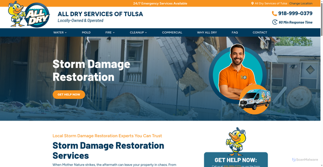Security scan screenshot of https://www.myalldry.com/tulsa-oklahoma/storm-damage-restoration/