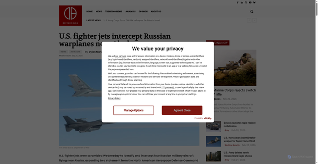 Security scan screenshot of https://defence-blog.com/u-s-fighter-jets-intercept-russian-warplanes-near-alaska/