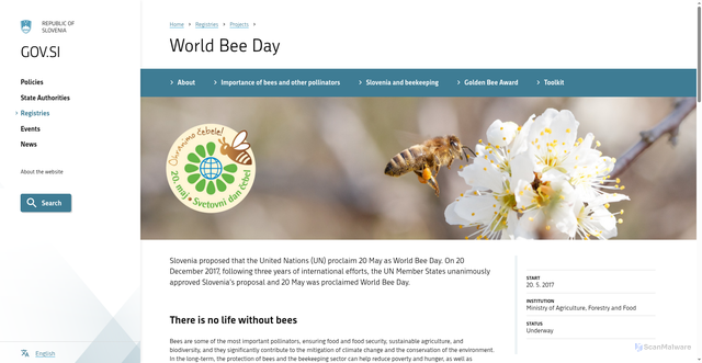 Security scan screenshot of https://www.gov.si/en/registries/projects/world-bee-day/