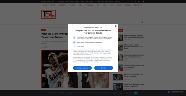 Security scan screenshot of https://thesportslite.com/couples/who-is-allen-iverson-wife-know-all-about-tawanna-turner/