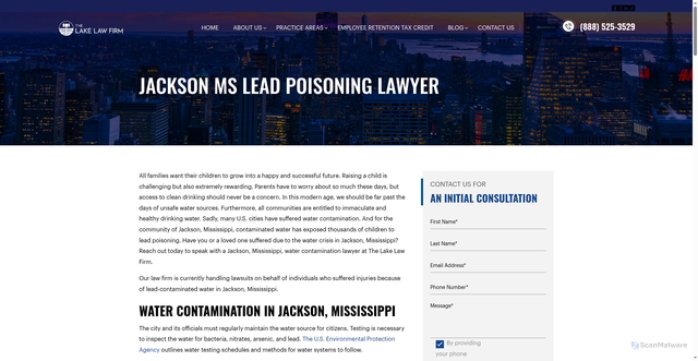 Security scan screenshot of https://thelakelawfirm.com/lawsuits/jackson-ms-lead-poisoning-lawyer