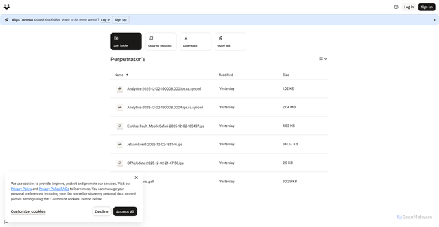 Security scan screenshot of https://www.dropbox.com/scl/fo/of3s80xswzxurt1rp84cw/APBUn_IdQ1sugHHyA5aF9Eo?rlkey=hdki0ywhn2aeg0uape22st5wc&st=zjhpfhk6&dl=0