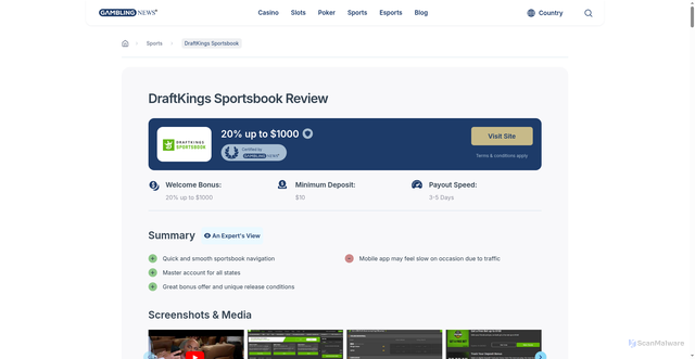 Security scan screenshot of https://www.gamblingnews.com/sports/draftkings/