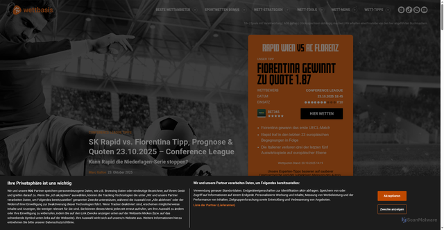 Security scan screenshot of https://www.wettbasis.com/sportwetten-tipps/sk-rapid-vs-fiorentina-tipp-prognose-quoten-23-10-2025-conference-league