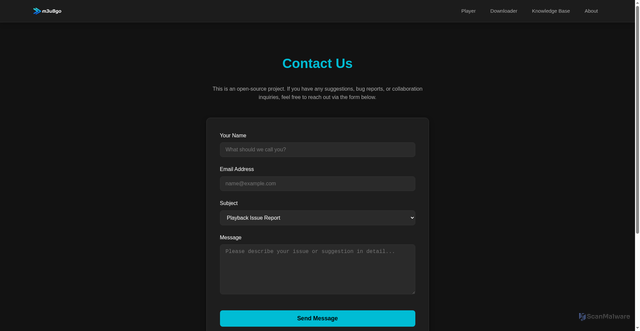 Security scan screenshot of https://m3u8go.pages.dev/en/contact