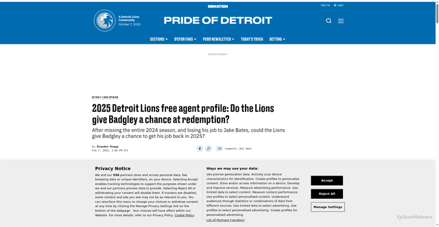 Security scan screenshot of https://www.prideofdetroit.com/2025/2/7/24360172/2025-detroit-lions-free-agent-profile-michael-badgley