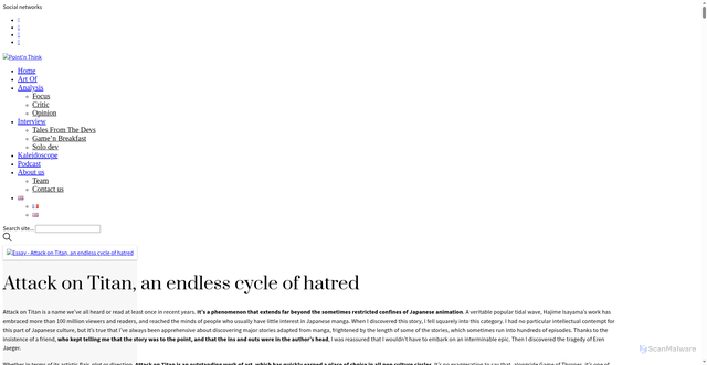 Security scan screenshot of https://www.pointnthink.fr/en/attack-on-titan-an-endless-cycle-of-hatred/