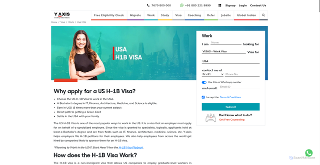 Security scan screenshot of https://www.y-axis.com/visa/work/usa-h1b/