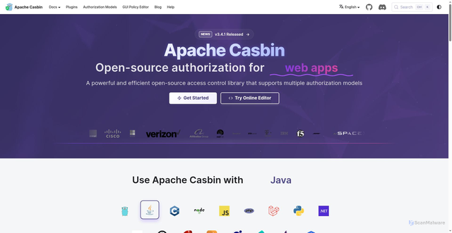 Security scan screenshot of https://casbin.org