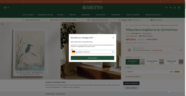 Security scan screenshot of https://bozetto.se/products/william-morris-kingfisher-by-the-lily-pond-poster?utm_source=spoks&utm_campaign=Inred+med+William+Morris+%F0%9F%8C%BF&utm_content=product&utm_medium=email&_spkscid=4f02c17e-257a-4ac8-b1fd-28b9c62805d2&_spksv=1.0