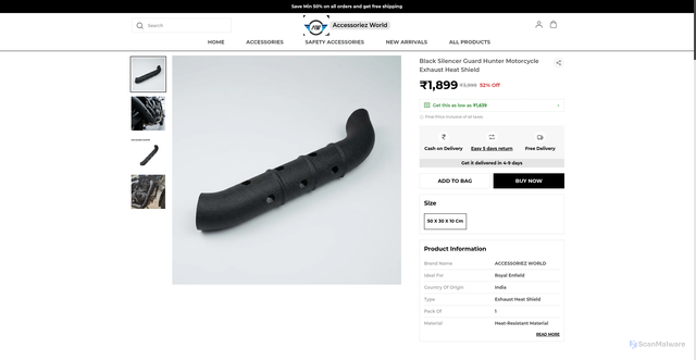 Security scan screenshot of https://accessoriezworld.com/Black-Silencer-Guard-Hunter-Motorcycle-Exhaust-Heat-Shield/catalogue/1hVYoOh0/FzLUWHHT