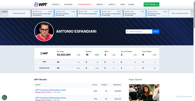 Security scan screenshot of https://www.worldpokertour.com/player/antonio-esfandiari/