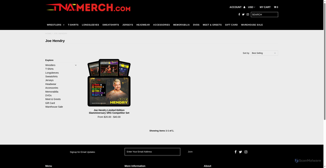 Security scan screenshot of https://tnamerch.com/collections/joe-hendry?srsltid=AfmBOopL2-S5IrdjSZIhcpHTqrtkfz9Ad9WAMkWyd8vhfcAzEftZVb_n